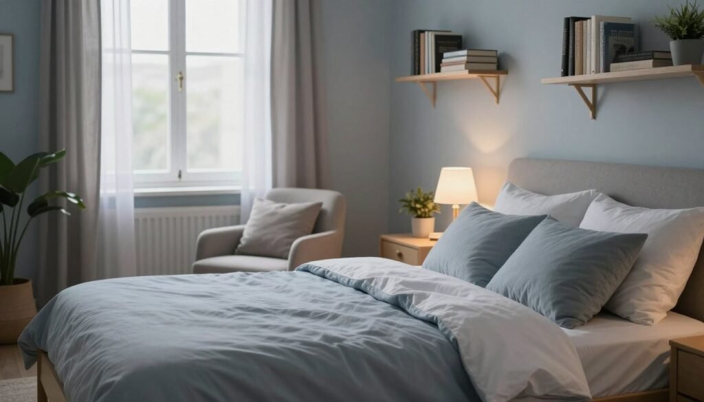 A cozy, well-organized bedroom designed for optimal sleep quality. In the foreground, a neatly made bed with soft, high-quality linens and plush pillows in calming colors. A bedside table houses a small, dimmable lamp and a few plants for a touch of greenery. The middle space showcases a comfortable armchair beside a window, adorned with light-filtering curtains that gently diffuse natural light. A tranquil ambiance is created by the soft hues of pale blue and grey on the walls. In the background, a set of bookshelves with neatly arranged books contributes to a relaxing feel. The scene is softly illuminated by warm, indirect lighting, creating a serene and peaceful atmosphere ideal for deep sleep. The composition captures a sense of calm and simplicity without distractions. A cozy, well-organized bedroom designed for optimal sleep quality. In the foreground, a neatly made bed with soft, high-quality linens and plush pillows in calming colors. A bedside table houses a small, dimmable lamp and a few plants for a touch of greenery. The middle space showcases a comfortable armchair beside a window, adorned with light-filtering curtains that gently diffuse natural light. A tranquil ambiance is created by the soft hues of pale blue and grey on the walls. In the background, a set of bookshelves with neatly arranged books contributes to a relaxing feel. The scene is softly illuminated by warm, indirect lighting, creating a serene and peaceful atmosphere ideal for deep sleep. The composition captures a sense of calm and simplicity without distractions.