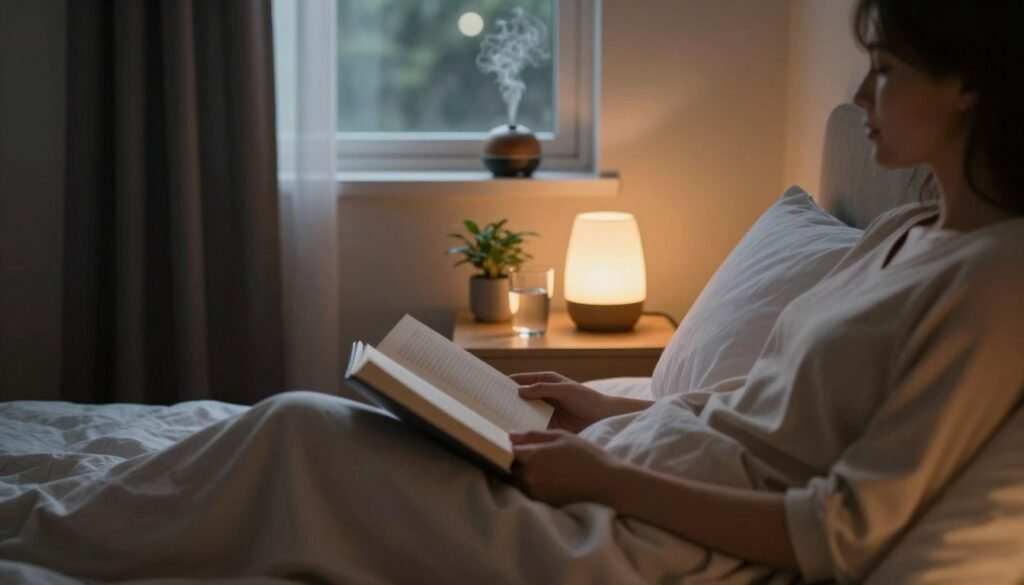 A serene bedroom scene at night, focusing on a cozy bed adorned with soft, inviting bedding. In the foreground, a person dressed in modest, comfortable sleepwear is peacefully reading a book under a warm bedside lamp. In the middle, a nightstand holds a small plant, a glass of water, and an essential oil diffuser, emitting gentle, swirling mist that suggests relaxation. The background reveals a calming window with blackout curtains slightly drawn, allowing soft moonlight to filter in, casting a tranquil glow. The atmosphere is peaceful and inviting, with warm ambient lighting creating a relaxing mood, perfectly illustrating the integration of sleep-promoting strategies into a long-term lifestyle. Shot with a soft focus lens to enhance the calm feeling of the room. A serene bedroom scene at night, focusing on a cozy bed adorned with soft, inviting bedding. In the foreground, a person dressed in modest, comfortable sleepwear is peacefully reading a book under a warm bedside lamp. In the middle, a nightstand holds a small plant, a glass of water, and an essential oil diffuser, emitting gentle, swirling mist that suggests relaxation. The background reveals a calming window with blackout curtains slightly drawn, allowing soft moonlight to filter in, casting a tranquil glow. The atmosphere is peaceful and inviting, with warm ambient lighting creating a relaxing mood, perfectly illustrating the integration of sleep-promoting strategies into a long-term lifestyle. Shot with a soft focus lens to enhance the calm feeling of the room.