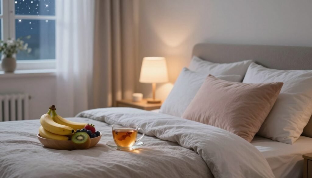 A serene bedroom scene designed to promote healthy sleep habits and nutrition. In the foreground, a neatly made bed with soft, calming colors, featuring a cozy duvet and several plush pillows. On the bedside table, a bowl of fresh fruits like bananas, kiwi, and berries next to a glass of warm herbal tea, invoking a sense of relaxation and healthy eating. In the middle ground, a softly lit lamp casts a warm glow, enhancing the inviting atmosphere. The background shows a window with delicate curtains, revealing a peaceful night sky filled with stars. The overall mood is tranquil and restful, emphasizing the harmony between good nutrition and quality sleep. The image is captured with a soft focus and warm lighting to enhance the calm ambiance. A serene bedroom scene designed to promote healthy sleep habits and nutrition. In the foreground, a neatly made bed with soft, calming colors, featuring a cozy duvet and several plush pillows. On the bedside table, a bowl of fresh fruits like bananas, kiwi, and berries next to a glass of warm herbal tea, invoking a sense of relaxation and healthy eating. In the middle ground, a softly lit lamp casts a warm glow, enhancing the inviting atmosphere. The background shows a window with delicate curtains, revealing a peaceful night sky filled with stars. The overall mood is tranquil and restful, emphasizing the harmony between good nutrition and quality sleep. The image is captured with a soft focus and warm lighting to enhance the calm ambiance.