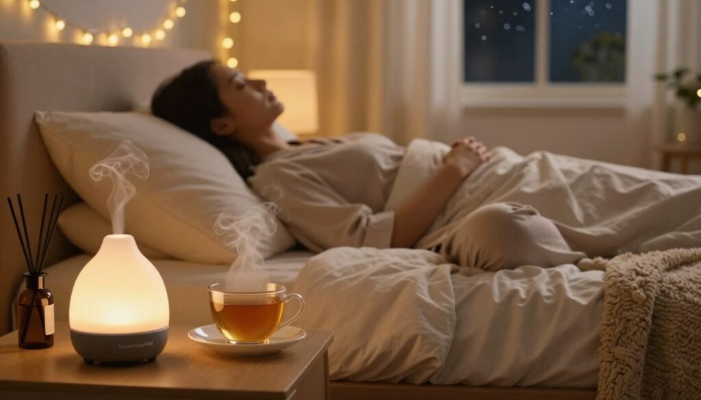 A cozy bedroom scene focused on an evening routine for restful sleep, showcasing a neatly made bed with soft, inviting linens. In the foreground, a bedside table holds a steaming cup of herbal tea and a calming essential oil diffuser, emitting gentle wisps of mist. In the middle, a person, dressed in modest, comfortable sleepwear, meditates serenely on a plush rug, surrounded by warm, dim golden lighting that creates a tranquil atmosphere. In the background, softly glowing fairy lights frame a window with curtains fluttering lightly, allowing a glimpse of a starry night sky. The photo should convey a sense of peace and relaxation, utilizing a warm color palette and soft focus to enhance the calming mood. The image should be in high quality, reflecting the brand SmartSleepWell, aimed at promoting personalized evening routines for deep, uninterrupted rest.