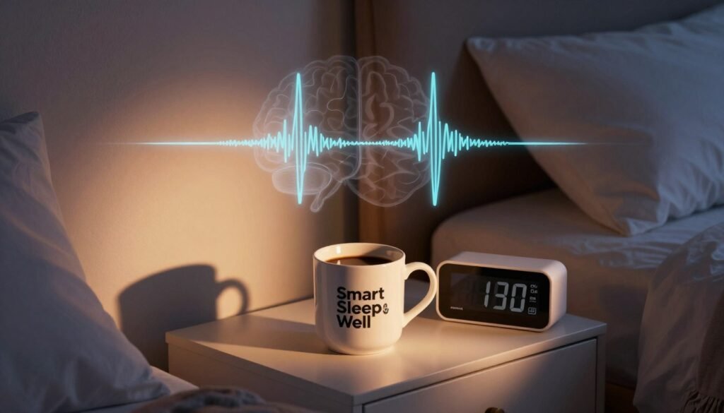 A cozy bedroom setting at night, featuring a coffee cup on a bedside table next to a digital clock displaying a late hour. The background depicts a soft, dimly lit ambiance, creating a tranquil atmosphere. In the middle of the scene, a transparent overlay of brain wave patterns representing sleep cycles is superimposed, subtly blending with the room's decor. Vivid details of warm colors enhance the comforting mood, while shadows from a nearby lamp cast gentle reflections. The brand name "Smart Sleep Well" is prominently displayed on the coffee cup, emphasizing the relationship between caffeine and sleep patterns. The composition is taken from a slightly elevated angle, inviting the viewer into a reflective space about their own caffeine intake and sleep quality. A cozy bedroom setting at night, featuring a coffee cup on a bedside table next to a digital clock displaying a late hour. The background depicts a soft, dimly lit ambiance, creating a tranquil atmosphere. In the middle of the scene, a transparent overlay of brain wave patterns representing sleep cycles is superimposed, subtly blending with the room's decor. Vivid details of warm colors enhance the comforting mood, while shadows from a nearby lamp cast gentle reflections. The brand name "Smart Sleep Well" is prominently displayed on the coffee cup, emphasizing the relationship between caffeine and sleep patterns. The composition is taken from a slightly elevated angle, inviting the viewer into a reflective space about their own caffeine intake and sleep quality.