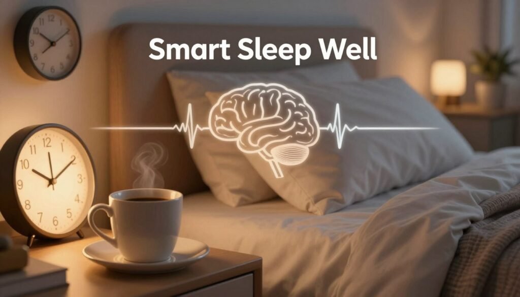 A cozy bedroom setting bathed in warm, soft lighting creates a tranquil atmosphere. In the foreground, a stylish coffee cup sits on a bedside table, hinting at optimal caffeine intake, while a wall clock shows it's late at night, emphasizing the impact of caffeine on sleep. In the middle, a gentle illustration of brain waves represents sleep stages, symbolizing the science of sleep quality. The background features calming decor, such as soft bedding and dimmed lights, promoting relaxation. Subtly integrated into the scene is the brand name "Smart Sleep Well," positioned gracefully, ensuring the focus remains on the visual message about caffeine management. The overall mood evokes a sense of balance between enjoyment and mindful caffeine consumption, fostering good sleep habits. A cozy bedroom setting bathed in warm, soft lighting creates a tranquil atmosphere. In the foreground, a stylish coffee cup sits on a bedside table, hinting at optimal caffeine intake, while a wall clock shows it's late at night, emphasizing the impact of caffeine on sleep. In the middle, a gentle illustration of brain waves represents sleep stages, symbolizing the science of sleep quality. The background features calming decor, such as soft bedding and dimmed lights, promoting relaxation. Subtly integrated into the scene is the brand name "Smart Sleep Well," positioned gracefully, ensuring the focus remains on the visual message about caffeine management. The overall mood evokes a sense of balance between enjoyment and mindful caffeine consumption, fostering good sleep habits.