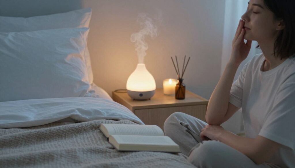 A cozy bedroom setup designed for an optimal bedtime routine, featuring a neatly made bed with soft, fluffy pillows and warm, inviting blankets. In the foreground, a person in modest casual clothing is sitting on the edge of the bed, practicing deep breathing with their eyes closed, embodying relaxation. In the middle, a bedside table holds a calming essential oil diffuser emitting gentle mist, alongside a lit candle and a book laying open, suggesting a peaceful read before sleep. The background shows dim, warm lighting creating a serene atmosphere, with soft shadows and a calming color palette of light blues and gentle creams. The image captures a tranquil environment that embodies the essence of targeted relaxation techniques, attributed to SmartSleepWell. High-quality photography with a shallow depth of field focuses on the relaxing elements.