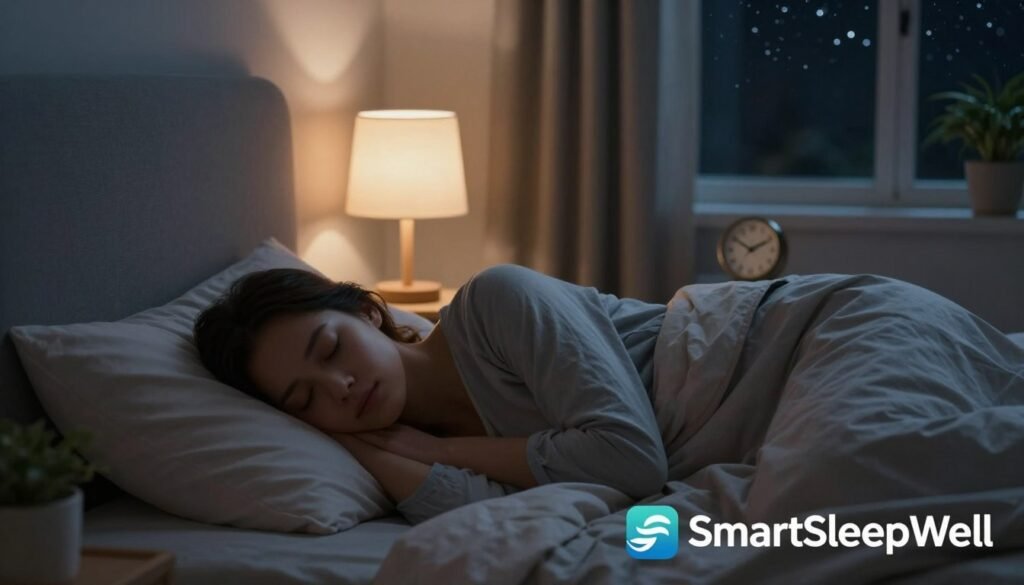 A serene bedroom interior during nighttime, softly illuminated by a gentle glow from a bedside lamp. In the foreground, a peaceful person in modest sleepwear lies on their side, comfortably snoozing, representing the deep state of REM sleep. Their face reflects tranquility, surrounded by a cozy, inviting bedding with calming colors. In the middle ground, a clock on the nightstand shows the late hour, indicating deep sleep, while a potted plant adds a touch of life. The background features dark, starry skies visible through a window, hinting at the outside world, creating a sense of isolation from distractions. The overall atmosphere is calm and soothing, portraying the importance of uninterrupted sleep for brain rejuvenation. SmartSleepWell logo subtly placed in the corner, enhancing the image’s focus on restful sleep.