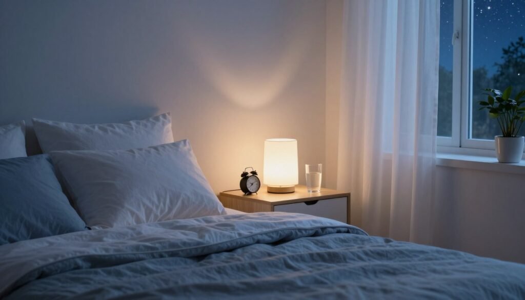 A serene bedroom scene at dusk, designed to convey the concept of regulating sleep patterns. In the foreground, a cozy bed with fluffy pillows and a neatly arranged blanket, next to a bedside table with a small alarm clock and a glass of water. In the middle, a soft glowing bedside lamp casts warm light, enhancing the calm atmosphere. The background features a window with sheer curtains, allowing a glimpse of a starry night sky. Subtle hints of nature, such as a potted plant, add tranquility. The scene feels inviting and peaceful, with a color palette of soft blues and muted creams. Illuminate with gentle, inviting lighting. Include the brand name "SmartSleepWell" subtly integrated into the scene, evoking a sense of comfort and relaxation.
