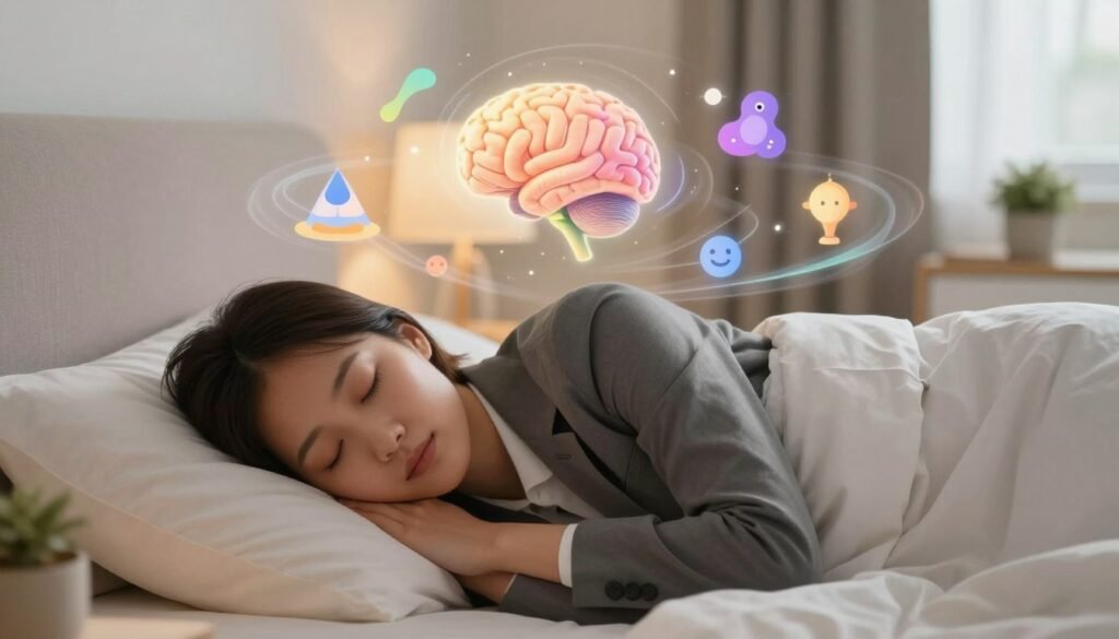 A serene bedroom scene depicting the benefits of REM sleep for emotional health and brain development. In the foreground, a peaceful person with a content expression, comfortably sleeping in professional business attire, surrounded by soft, warm lighting. In the middle, gentle wisps of dream-like imagery, such as colorful abstract shapes and calming symbols representing emotional balance and brain growth, swirling around the sleeping figure. The background features a cozy room with soft hues, a glimpse of a nightstand with a small plant and books, conveying tranquility. The atmosphere is calm and restorative, evoking a sense of deep relaxation and brain rejuvenation. Capture this scene with a soft focus effect, simulating a dreamy, ethereal quality. Brand name subtly included: "SmartSleepWell".