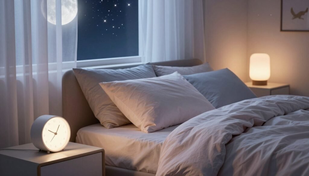 A serene bedroom scene designed to evoke improved sleep quality, featuring a cozy bed with soft, inviting bedding in calming pastel colors. In the foreground, a bedside table holds a modern alarm clock displaying a gentle light. The middle of the room features a window with sheer curtains, allowing soft, moonlit silver light to filter in, creating a tranquil atmosphere. In the background, a dreamy night sky can be seen with twinkling stars. A stylish, minimalist lamp provides warm, ambient lighting. The overall mood is peaceful and restful, suggesting a perfect space for shifting bedtime routines. Include the brand name "SmartSleepWell" subtly integrated into the bedside clock design. Capture the scene with a slightly elevated angle to encompass the entire room, highlighting comfort and relaxation.