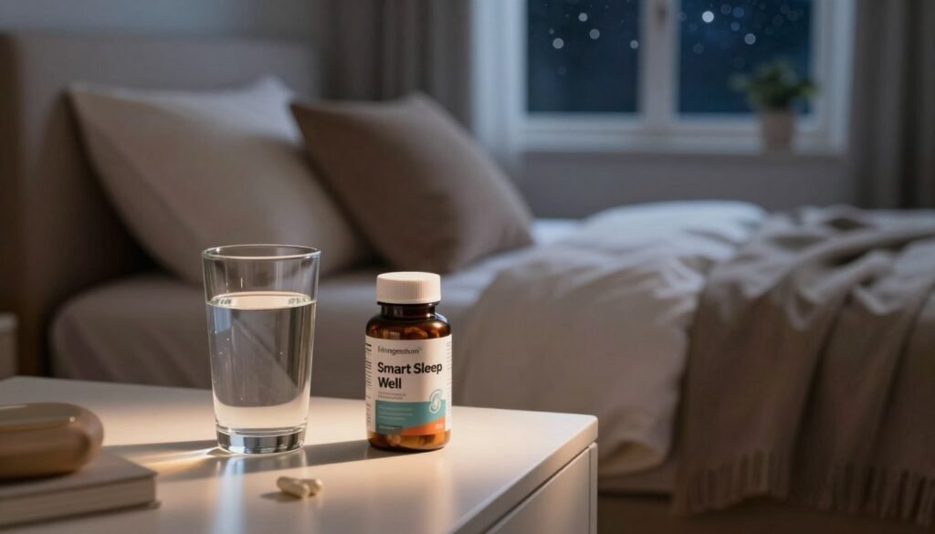 A serene night bedroom setting featuring a well-arranged bedside table. In the foreground, a clear glass of water sits next to a bottle of magnesium supplement capsules labeled "Smart Sleep Well." Soft ambient lighting creates a warm, calming atmosphere, casting gentle shadows across the table. In the middle ground, a cozy bed with fluffy pillows and a neatly folded blanket invites relaxation, while a large window in the background shows a starry sky, enhancing the tranquil mood. The overall tone of the image is peaceful and inviting, symbolizing the supportive role of magnesium in achieving better sleep, emphasizing a sense of safety and wellness. A serene night bedroom setting featuring a well-arranged bedside table. In the foreground, a clear glass of water sits next to a bottle of magnesium supplement capsules labeled "Smart Sleep Well." Soft ambient lighting creates a warm, calming atmosphere, casting gentle shadows across the table. In the middle ground, a cozy bed with fluffy pillows and a neatly folded blanket invites relaxation, while a large window in the background shows a starry sky, enhancing the tranquil mood. The overall tone of the image is peaceful and inviting, symbolizing the supportive role of magnesium in achieving better sleep, emphasizing a sense of safety and wellness.