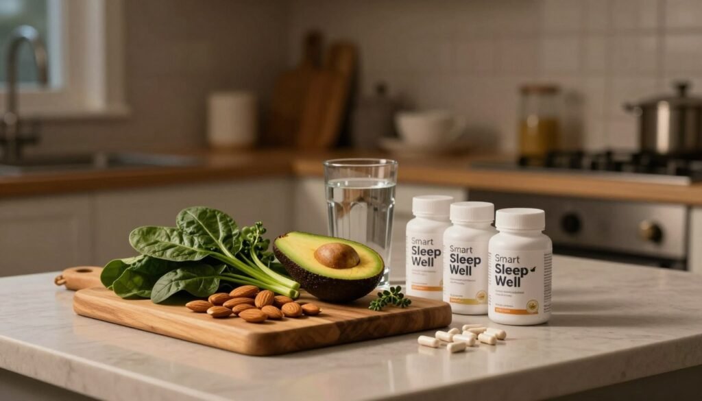 A serene nighttime kitchen scene featuring an assortment of top magnesium-rich foods for better sleep. In the foreground, a wooden cutting board displays a vibrant array of almonds, leafy spinach, and avocados, elegantly arranged with sprigs of fresh herbs. A glass of water sits nearby, beside a neatly organized row of "Smart Sleep Well" magnesium supplement capsules. In the middle ground, softly glowing ambient light illuminates the counter, enhancing the calming atmosphere. The background shows a tastefully decorated kitchen with warm, muted colors and gentle shadows, creating a tranquil mood. This composition aims to evoke feelings of relaxation and well-being, emphasizing the connection between magnesium-rich foods and improved sleep quality. A serene nighttime kitchen scene featuring an assortment of top magnesium-rich foods for better sleep. In the foreground, a wooden cutting board displays a vibrant array of almonds, leafy spinach, and avocados, elegantly arranged with sprigs of fresh herbs. A glass of water sits nearby, beside a neatly organized row of "Smart Sleep Well" magnesium supplement capsules. In the middle ground, softly glowing ambient light illuminates the counter, enhancing the calming atmosphere. The background shows a tastefully decorated kitchen with warm, muted colors and gentle shadows, creating a tranquil mood. This composition aims to evoke feelings of relaxation and well-being, emphasizing the connection between magnesium-rich foods and improved sleep quality.