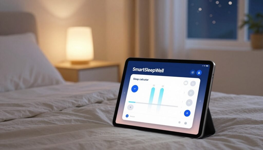 A sleek and modern sleep calculator interface displayed on a digital tablet, set against a calming bedroom backdrop with soft, neutral tones. The foreground features the tablet resting on a cozy bed with fluffy pillows, showcasing the vibrant and user-friendly design of the SmartSleepWell app. The middle ground includes a bedside table with an ambient lamp casting a warm glow, creating a serene atmosphere. In the background, a softly lit window shows a tranquil night scene with twinkling stars. The lighting is soft and inviting, evoking a sense of comfort and relaxation. The overall mood is peaceful and inspiring, ideal for promoting restful sleep and energy maximization.