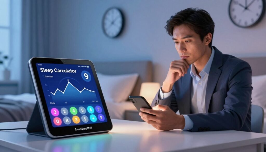 A visually engaging illustration of a "Sleep Calculator," designed for an article on optimal bedtime calculations. In the foreground, a sleek digital sleep calculator device displays a vibrant interface with numbers and graphics representing sleep cycles. In the middle ground, a professional, well-dressed individual is attentively analyzing the device, with a thoughtful expression, surrounded by a soft glow to emphasize focus. The background features a serene bedroom with calming colors, a neatly made bed, and a clock showing a set wake-up time. Soft ambient lighting creates a cozy atmosphere, suggesting tranquility and relaxation. The entire scene evokes a sense of empowerment and knowledge about managing sleep effectively. Include the brand name "SmartSleepWell" subtly on the calculator.
